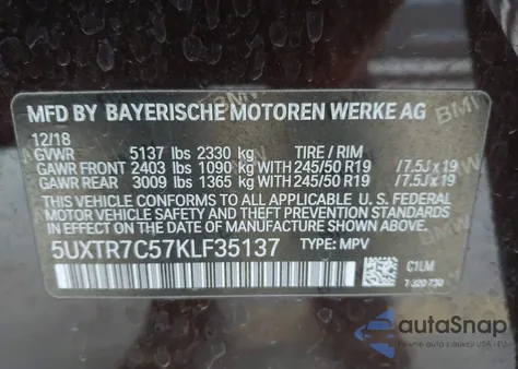 2019 BMW X3 Sdrive30I z USA, uszkodzony, nr VIN 5UXTR7C57KLF35137